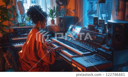 Music producer working in home studio with synthesizer setup and houseplants. Warm orange lighting creates cozy creative atmosphere with professional audio equipment 122786881