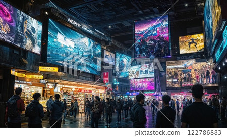 Vibrant Asian street scene with massive digital billboards and neon signage. Urban nightlife atmosphere with crowds exploring entertainment district Vibrant Asian street scene with massive digital billboards and neon signage. Urban nightlife atmosphere with crowds exploring entertainment district 122786883