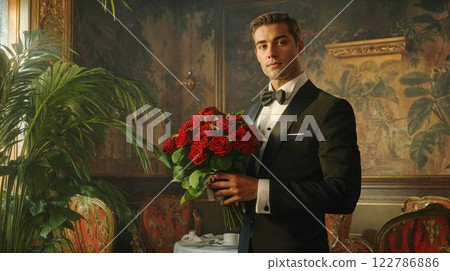 Elegant man in black tuxedo holding luxurious bouquet of red roses in vintage interior with antique furniture and tropical plants, perfect for luxury lifestyle content 122786886