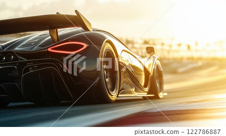 Sleek modern supercar rear view with dramatic sunset lighting highlighting aerodynamic design and LED taillights, perfect for luxury automotive content Sleek modern supercar rear view with dramatic sunset lighting highlighting aerodynamic design and LED taillights, perfect for luxury automotive content 122786887
