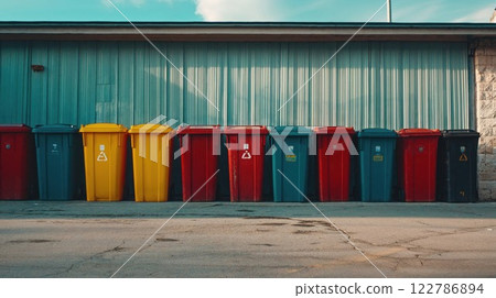 Row of colorful recycling bins in yellow, red, and teal against turquoise wall, representing waste management and environmental sustainability concepts 122786894