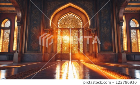 Golden sunlight streams through intricately designed doors of an opulent palace, highlighting detailed arches and luxurious decor in an awe-inspiring architectural masterpiece 122786930