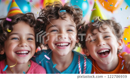 Three joyful children with curly hair laughing and celebrating at a colorful birthday party. Wearing party hats, surrounded by balloons and confetti, their happiness radiates fun and excitement 122786939