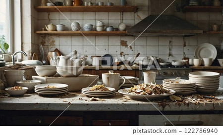 A chaotic kitchen scene with stacks of dirty plates, mugs, and bowls cluttering the countertops. Unwashed dishes, food scraps, and grime create a raw, unfiltered look at post-meal reality A chaotic kitchen scene with stacks of dirty plates, mugs, and bowls cluttering the countertops. Unwashed dishes, food scraps, and grime create a raw, unfiltered look at post-meal reality 122786940