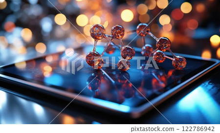 Molecular structure model on digital tablet with bokeh lights background. Abstract scientific visualization with glowing orange spheres connected by lines reflecting modern technology 122786942