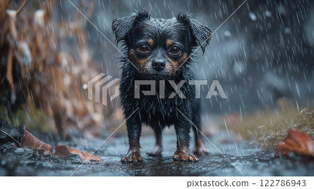 Adorable black and tan Chihuahua mix puppy standing in the rain, wet fur glistening as raindrops fall around him. Atmospheric moody portrait with shallow depth of field and dramatic lighting 122786943
