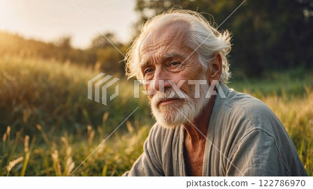 elderly man with white hair and a thoughtful expression sits in a sunlit field, surrounded by nature, symbolizing wisdom, reflection, and the beauty of aging with grace 122786970
