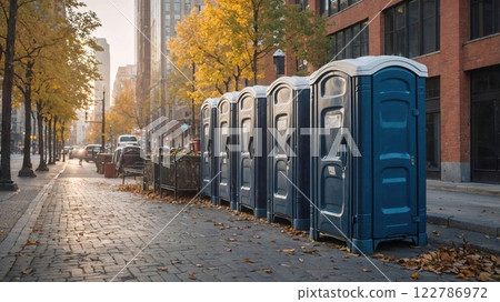 row of blue portable toilets lined up along a city sidewalk in an urban autumn setting. The clean, organized placement contrasts with the fall leaves and bustling background row of blue portable toilets lined up along a city sidewalk in an urban autumn setting. The clean, organized placement contrasts with the fall leaves and bustling background 122786972