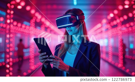 woman wearing a virtual reality headset interacts with digital content in a neon-lit environment. The futuristic pink and blue lights enhance the cyberpunk aesthetic of advanced technology woman wearing a virtual reality headset interacts with digital content in a neon-lit environment. The futuristic pink and blue lights enhance the cyberpunk aesthetic of advanced technology 122786973