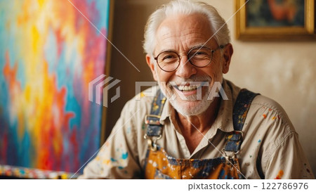 joyful elderly artist with glasses and a white beard sits in his colorful studio, wearing paint-stained overalls. The vibrant background reflects creativity, passion, and a lifelong love for painting joyful elderly artist with glasses and a white beard sits in his colorful studio, wearing paint-stained overalls. The vibrant background reflects creativity, passion, and a lifelong love for painting 122786976