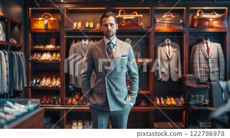 man in a tailored double-breasted suit stands in an elegant luxury boutique filled with premium suits, leather shoes, and designer accessories. The refined setting exudes sophistication and style man in a tailored double-breasted suit stands in an elegant luxury boutique filled with premium suits, leather shoes, and designer accessories. The refined setting exudes sophistication and style 122786978