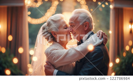 elderly couple shares an intimate embrace on their wedding day, surrounded by glowing string lights. Their love, laughter, and happiness shine through in this heartwarming momen 122786984