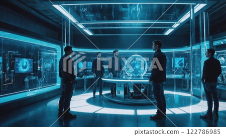 futuristic laboratory with blue neon lighting and a team of professionals analyzing a glowing holographic sphere. The high-tech setting evokes a sci-fi research facility 122786985