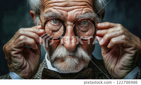 wise elderly man with a striking white mustache and deep wrinkles adjusts his round glasses while staring intently. His expressive eyes and vintage attire reflect wisdom and character 122786986