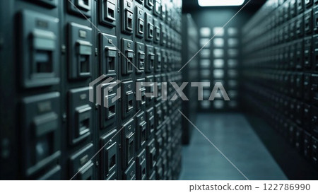 narrow corridor lined with rows of dark, imposing security lockers in a vault, lit by a dim light, creating an intense, mysterious atmosphere within the secure and confined space 122786990