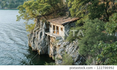 stone house perched on a cliffside, overlooking a serene body of water, surrounded by lush greenery, offering a peaceful and scenic escape into nature 122786992