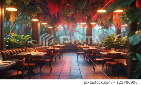 cozy restaurant interior featuring lush hanging plants and warm lighting, with tables set for dining in a tranquil, green-filled atmosphere, perfect for a relaxing evening meal cozy restaurant interior featuring lush hanging plants and warm lighting, with tables set for dining in a tranquil, green-filled atmosphere, perfect for a relaxing evening meal 122786996