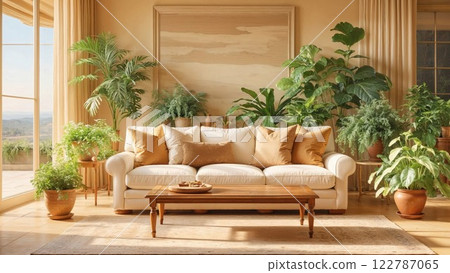 Bright and inviting living room with warm beige tones, lush indoor plants, a cozy white sofa, and natural light streaming through large windows, creating a serene and organic atmosphere 122787065