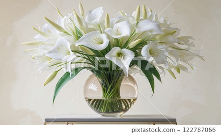 Elegant bouquet of white lilies beautifully arranged in a transparent glass vase, exuding sophistication and grace, perfect for weddings, decor, or special occasions 122787066