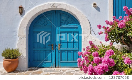 A picturesque blue double door with an arched white stone frame, adorned by vibrant pink bougainvillea. A Mediterranean-style scene bathed in warm sunlight, evoking travel dreams 122787068