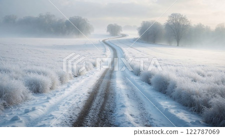 Serene winter landscape featuring a winding snow-covered path through frosty fields and trees, enveloped in soft mist, evoking tranquility and natural beauty 122787069