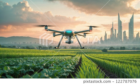 A high-tech drone hovers over lush green farmland, monitoring crops as the sun sets over a futuristic city skyline. A powerful image of modern agriculture and smart farming 122787076