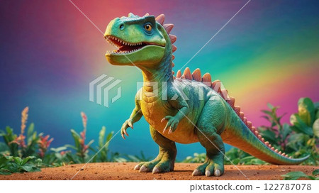 Playful green dinosaur figurine with vibrant details, set against a rainbow gradient background and surrounded by tropical plants, exuding a whimsical and fun atmosphere 122787078