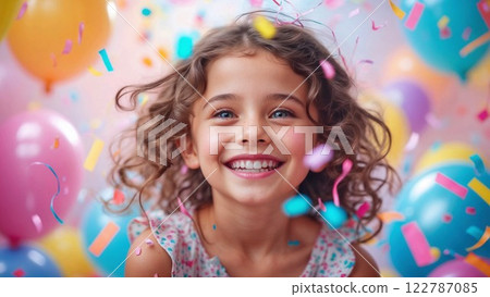 young girl with curly hair smiles brightly as colorful confetti and balloons surround her at a festive birthday celebration, radiating happiness, excitement, and youthful energy young girl with curly hair smiles brightly as colorful confetti and balloons surround her at a festive birthday celebration, radiating happiness, excitement, and youthful energy 122787085