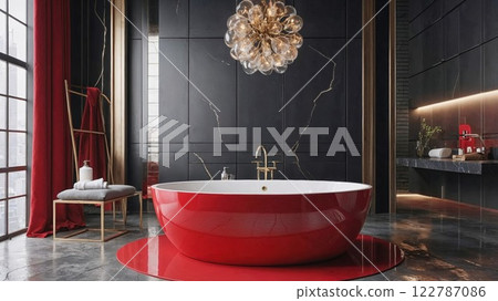 red freestanding bathtub sits in a sleek, modern bathroom with black marble walls, gold fixtures, and elegant lighting. A perfect blend of sophistication, luxury, and contemporary design red freestanding bathtub sits in a sleek, modern bathroom with black marble walls, gold fixtures, and elegant lighting. A perfect blend of sophistication, luxury, and contemporary design 122787086