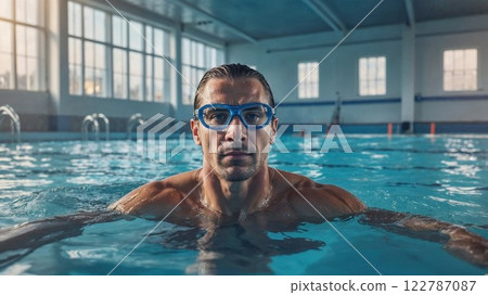male swimmer with blue goggles stares ahead in an indoor swimming pool. His wet hair, muscular physique, and focused expression capture the intensity and dedication of an athlete male swimmer with blue goggles stares ahead in an indoor swimming pool. His wet hair, muscular physique, and focused expression capture the intensity and dedication of an athlete 122787087