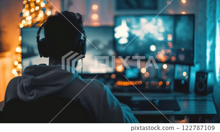 gamer plays in a dimly lit room, surrounded by glowing neon lights, dual monitors, and high-tech peripherals, immersed in an intense virtual gaming experience with cinematic ambiance 122787109