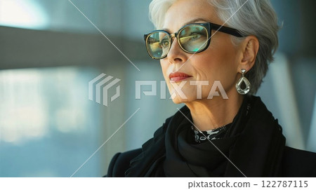 stylish mature woman with silver hair and chic glasses gazes into the distance, exuding sophistication and wisdom in a modern, professional setting with soft natural lighting stylish mature woman with silver hair and chic glasses gazes into the distance, exuding sophistication and wisdom in a modern, professional setting with soft natural lighting 122787115