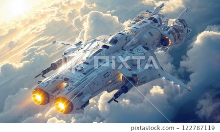sleek futuristic spaceship soars above the clouds, engines glowing with power. Cutting-edge sci-fi design and breathtaking aerial view embody the thrill of space exploration sleek futuristic spaceship soars above the clouds, engines glowing with power. Cutting-edge sci-fi design and breathtaking aerial view embody the thrill of space exploration 122787119