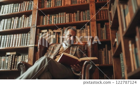 distinguished man in a tweed jacket sits in a classic leather armchair, engrossed in a book, surrounded by towering wooden bookshelves filled with antique books in a warm-lit library 122787124