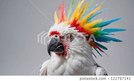 Vibrant parrot with an eccentric rainbow-feathered mohawk, exuding personality and playful charm. Striking colors, sharp beak, and expressive eyes make this a stunning wildlife portrait 122787141