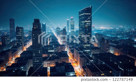 aerial view of a vibrant metropolis at night, with illuminated skyscrapers and busy streets stretching into the horizon. The glowing city lights create a stunning urban landscape 122787149