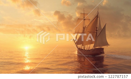 majestic sailing ship glides across the open sea at sunset, its golden sails illuminated by the warm glow of the horizon, evoking adventure, nostalgia, and the romance of the ocean 122787157