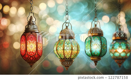 Ornate Moroccan lanterns in rich red and turquoise hues glow warmly, casting intricate patterns of light against a dreamy bokeh background, evoking a magical, exotic atmosphere Ornate Moroccan lanterns in rich red and turquoise hues glow warmly, casting intricate patterns of light against a dreamy bokeh background, evoking a magical, exotic atmosphere 122787158