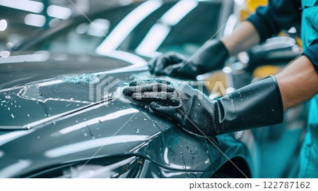 worker wearing protective gloves polishes a luxury car with precision, using soapy foam for a flawless shine. The meticulous detailing reflects high-end vehicle maintenance 122787162