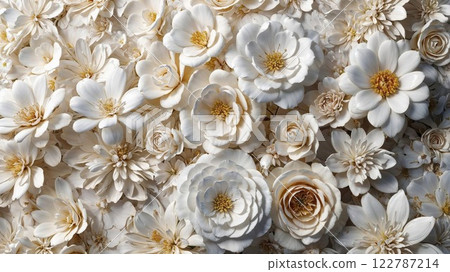 stunning close-up of delicate white flowers, including camellias and other soft petals, arranged beautifully to create a soothing, elegant floral display 122787214