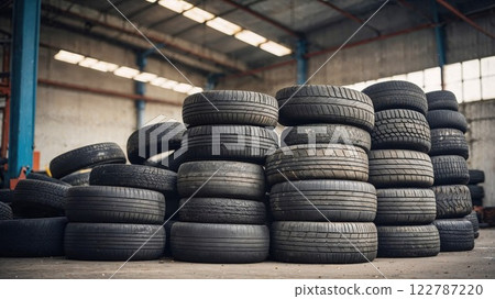 stack of used black tires neatly arranged in a warehouse, showcasing the texture and durability of the tires in a modern industrial environment stack of used black tires neatly arranged in a warehouse, showcasing the texture and durability of the tires in a modern industrial environment 122787220