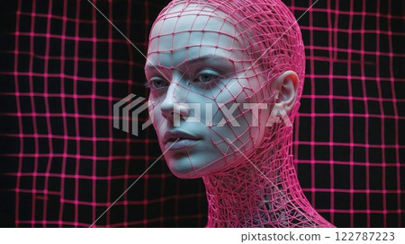 futuristic portrait of a woman entangled in a glowing pink wireframe grid against a dark background, blending technology, art, and surreal beauty futuristic portrait of a woman entangled in a glowing pink wireframe grid against a dark background, blending technology, art, and surreal beauty 122787223