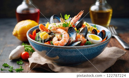 delicious seafood bowl filled with shrimp, mussels, and fresh vegetables, garnished with herbs and lemon, served on a rustic wooden table for a healthy, vibrant meal 122787224