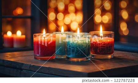 cozy and warm scene featuring multiple colorful candles lit against a soft, glowing background. The flickering flames create an inviting atmosphere, perfect for a relaxing evening or setting a 122787228