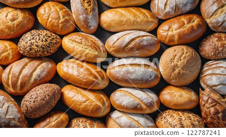Freshly baked artisan bread in a variety of textures and flavors, beautifully arranged, showcasing golden crusts, seeds, and rustic charm perfect for a bakery or food inspiration 122787241