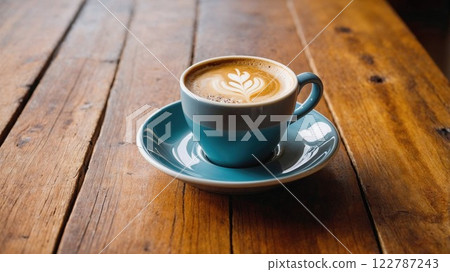 A cozy cup of latte with delicate art foam served in a blue ceramic cup on a rustic wooden table, creating a perfect warm coffee moment in natural light 122787243