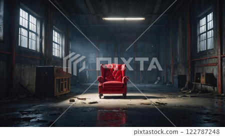 A luxurious red armchair illuminated in an abandoned warehouse, contrasting decay with elegance, perfect for a dramatic and moody visual aesthetic 122787248