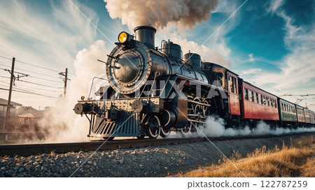 Powerful vintage steam locomotive with dramatic billowing smoke, rolling through a countryside landscape under a clear blue sky, evoking nostalgia and adventure Powerful vintage steam locomotive with dramatic billowing smoke, rolling through a countryside landscape under a clear blue sky, evoking nostalgia and adventure 122787259