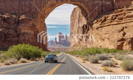 A vintage American muscle car drives along a scenic desert highway under a natural rock arch. The stunning landscape features rugged red rock formations and an open road adventure 122787278