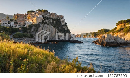 Picturesque coastal village perched on a rocky cliff, overlooking a serene blue sea and surrounded by lush greenery, evoking rustic charm and Mediterranean beauty 122787293